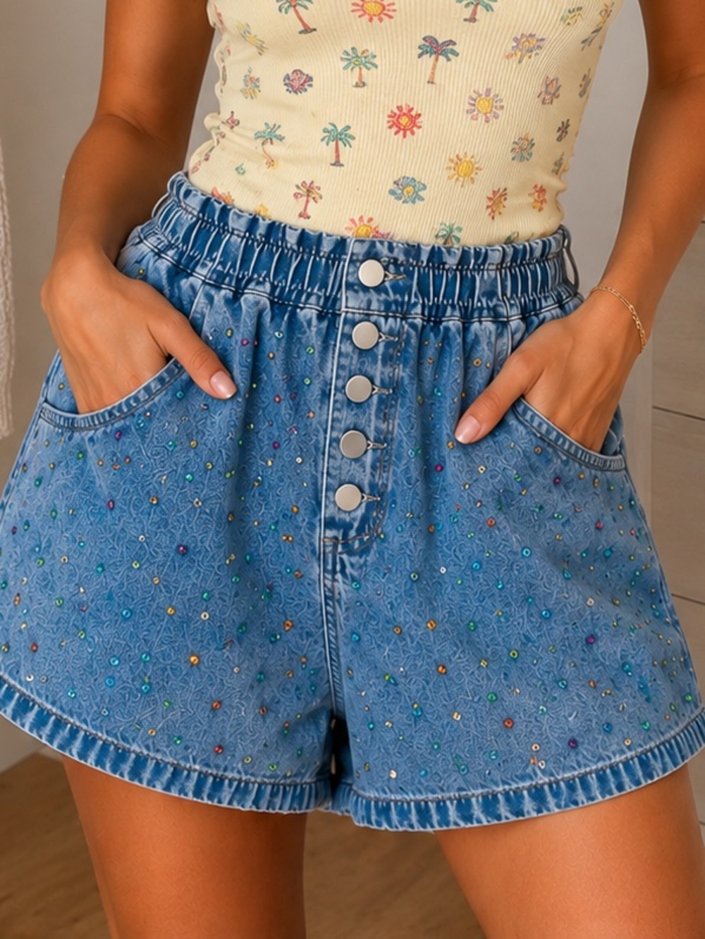 Blue Velvet Embellished Blue Denim High-Waist Jean Shorts
